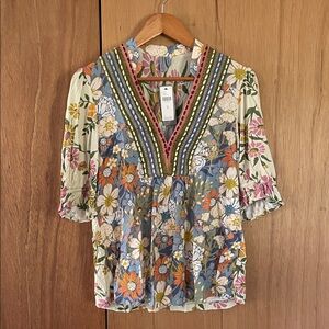NWT - Bl^nk Boho Embroidered V‑Neck Floral Blouse - Multicolor